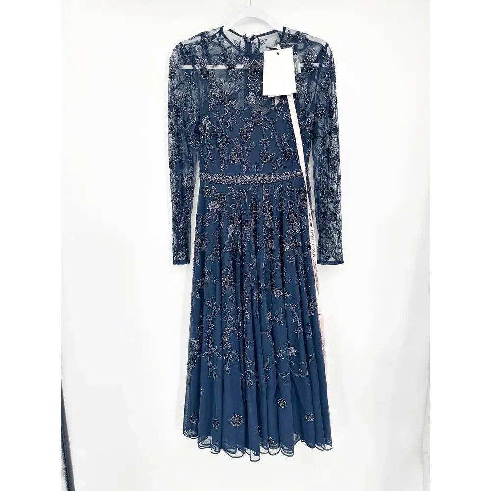 Mac Duggal 10799 Beaded Illusion A-Line‎ Dress Women Size 4 Navy Blue NEW